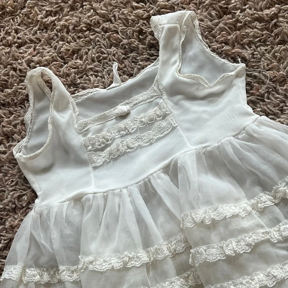 Vintage White Sheer Tiered Ruffle Lace‎ Trim Baby Doll Top Short Dress